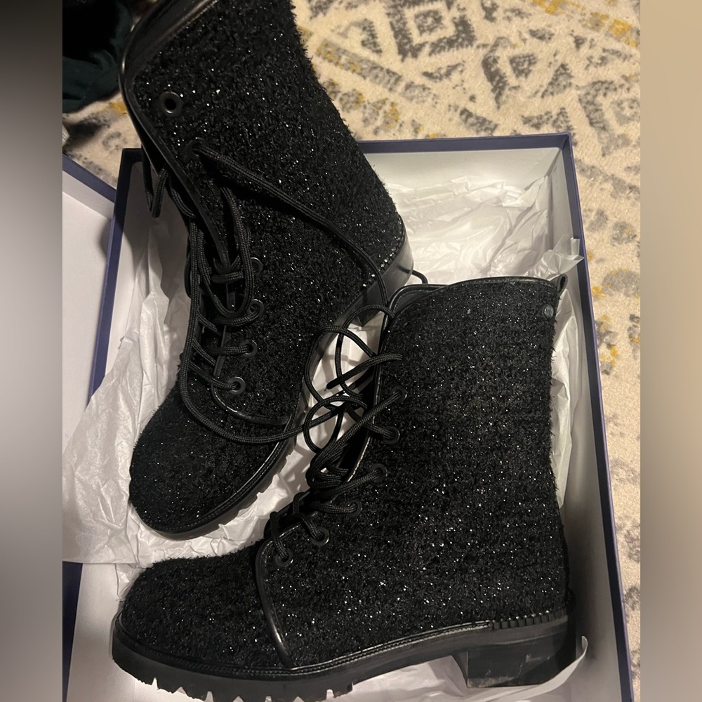 Stuart Weitzman Metermaid Black Boucle Combat Boots